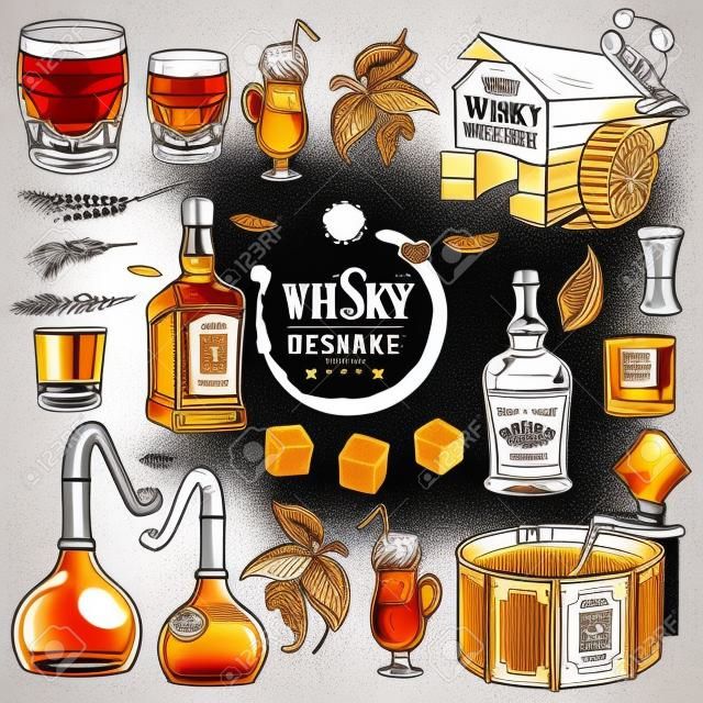 Whisky-bezogenes Design-Set. Nützlich für das Branding und die Dekoration von Kneipen oder Brennereien. Hand gezeichnete Skizzenartobjekte auf weißem Hintergrund. Vektor-Illustration