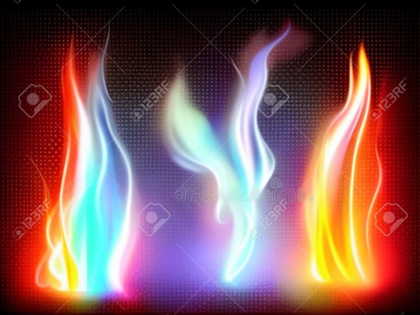 Set di fiamme del fuoco realistiche su sfondo trasparente. Effetti speciali. Illustrazione vettoriale. Elementi traslucidi. Griglia di trasparenza.
