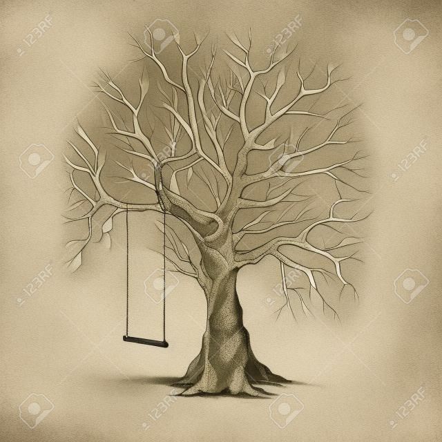 Ilustração, de, um, árvore, com, um, balanço