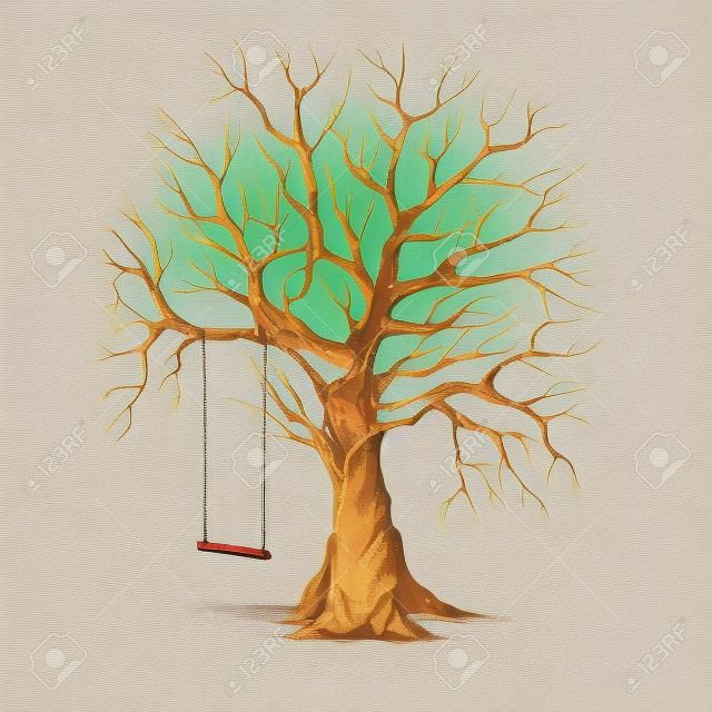 Ilustração, de, um, árvore, com, um, balanço