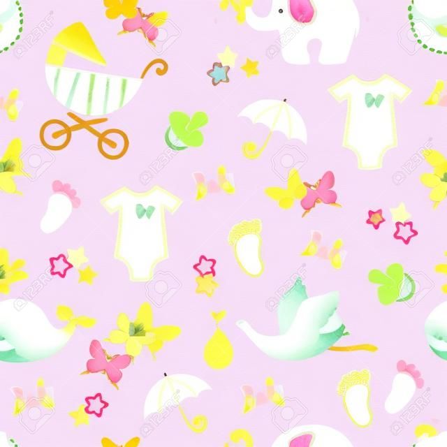 Baby shower girl seamless pattern. Vector watercolor kids background.