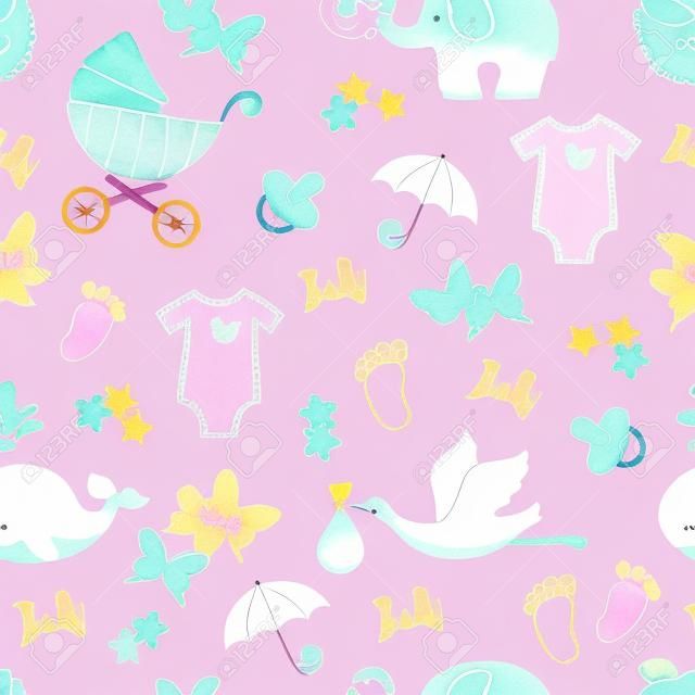 Baby shower girl seamless pattern. Vector watercolor kids background.
