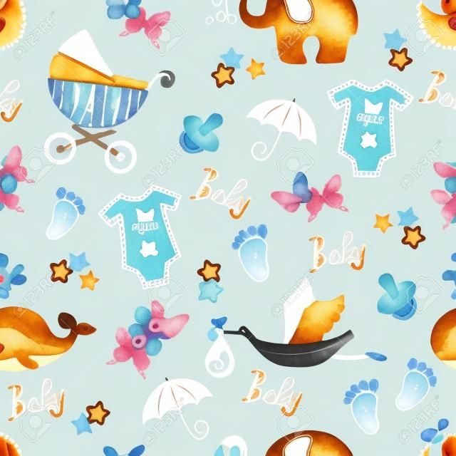 Baby shower boy seamless pattern. Vector watercolor kids background.