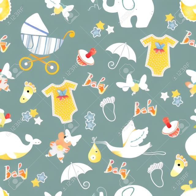 Baby shower boy seamless pattern. Vector watercolor kids background.