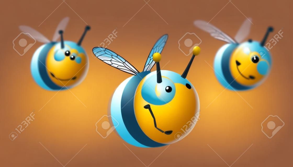 Een set van bijen in focus en uit focus. Twee wazige stap. Cartoon stijl. 3D illustratie. Vector.