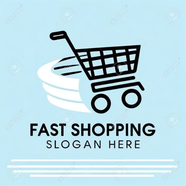 Fast shopping concept logo design template. Shopping cart vector illustration isolated on white background. Shopping cart in motion logo design. Shopping cart swoosh wind logo design template