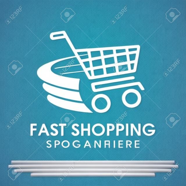 Fast shopping concept logo design template. Shopping cart vector illustration isolated on white background. Shopping cart in motion logo design. Shopping cart swoosh wind logo design template