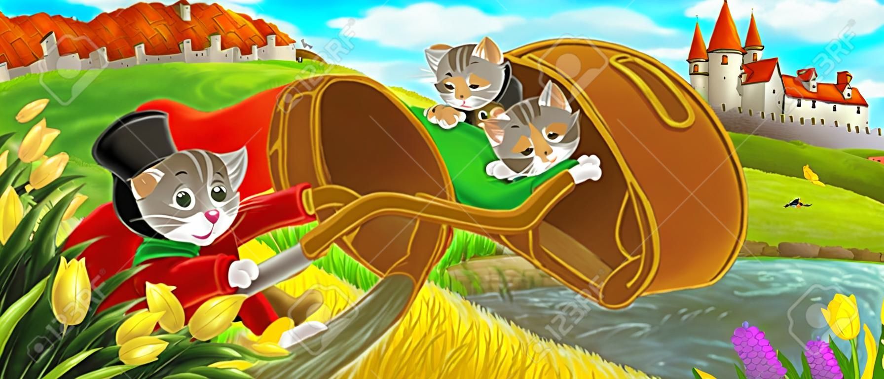 Scena kreskówki - kot podróżujący do zamku na wzgórzu z chłopcem rolnikiem - ilustracja dla dzieci