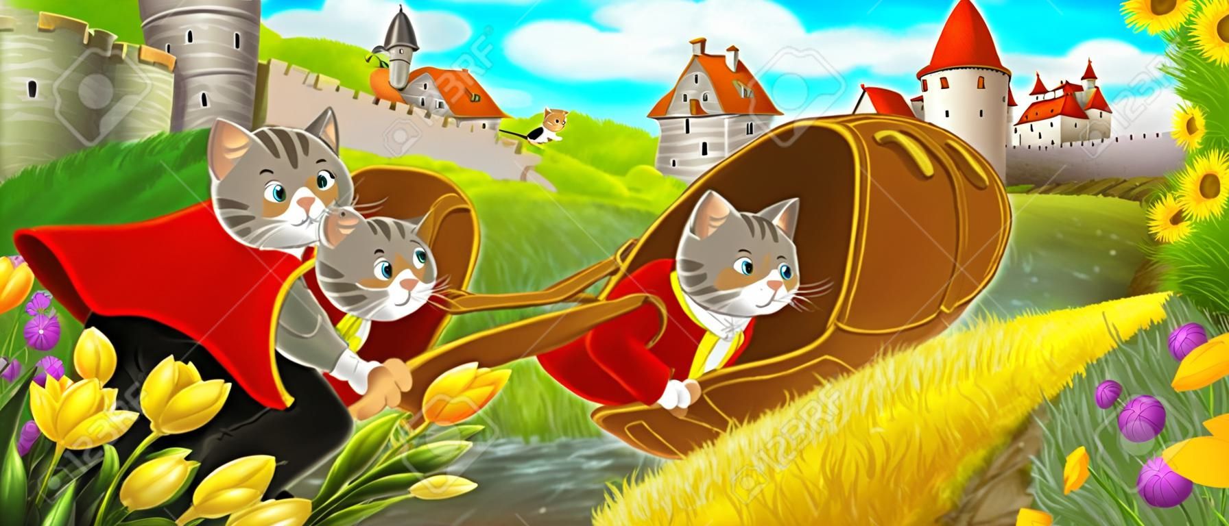 Scena kreskówki - kot podróżujący do zamku na wzgórzu z chłopcem rolnikiem - ilustracja dla dzieci