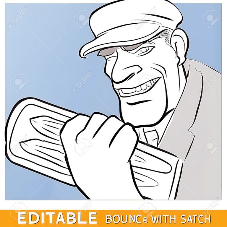 Bouncer with a baseball bat. Editable vector card in free hand style.