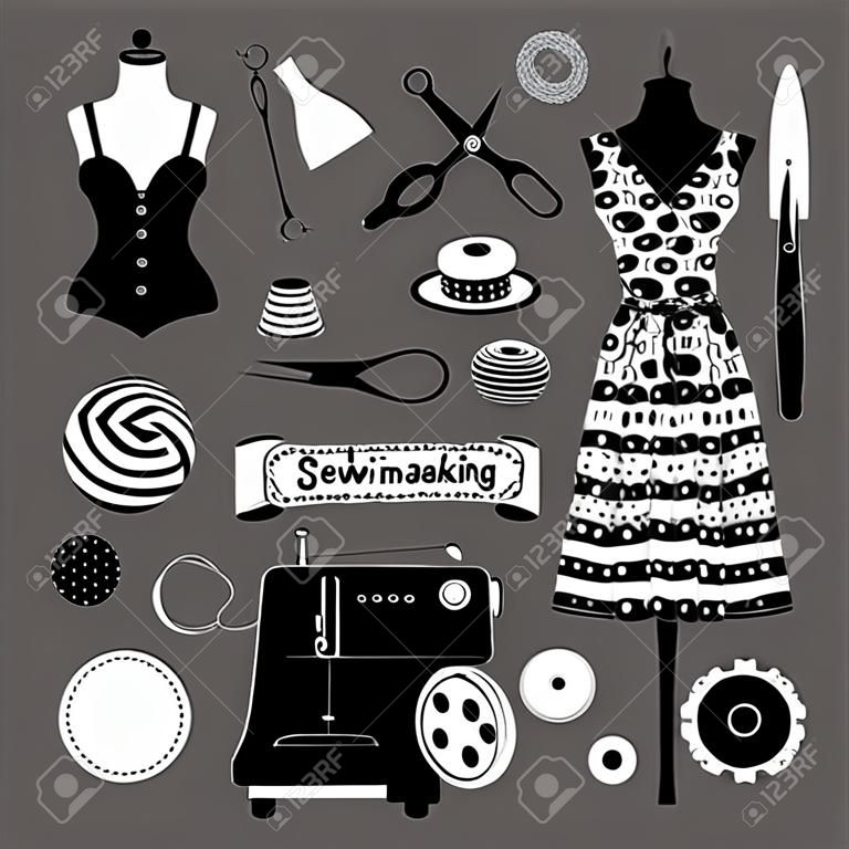 Conjunto de objetos vectoriales en blanco y negro de equipos de costura y confección, herramientas para tarjetas, carteles, folletos, portadas, pancartas y otros usos.