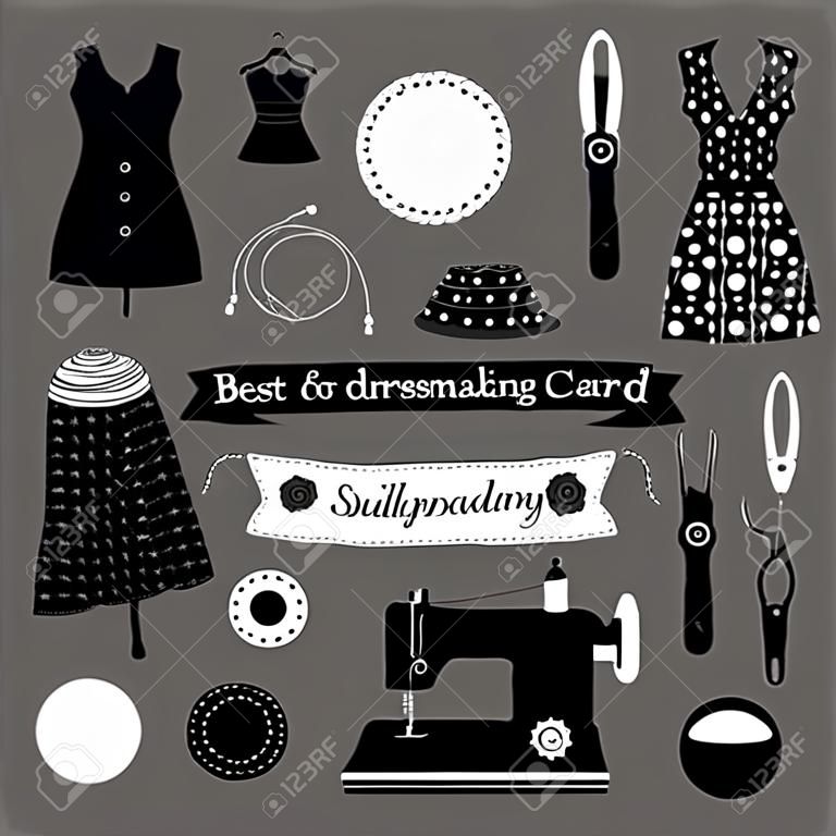 Conjunto de objetos vetoriais preto e branco de equipamentos de costura e dressmaking, ferramentas para cartão, pôster, flyer, capa, banner e outros usos.