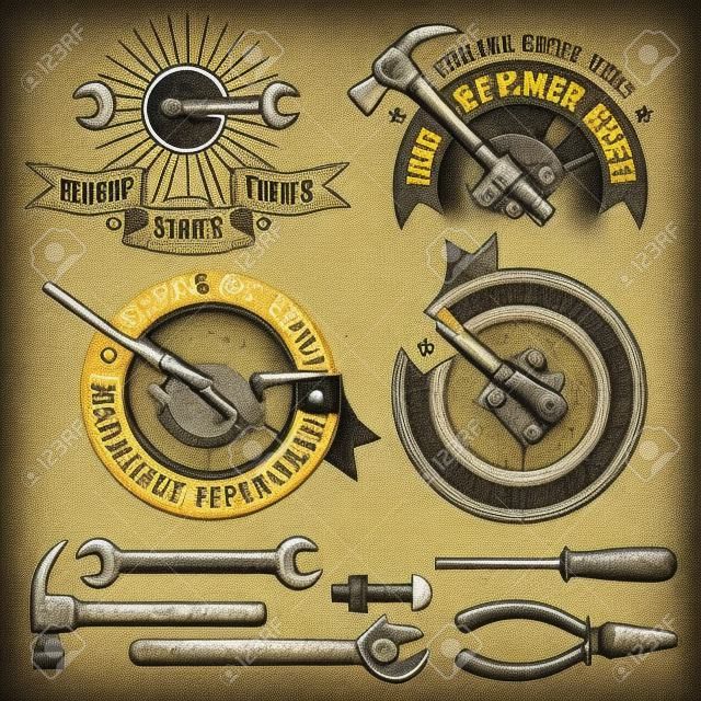 Repair workshop logo with hands and tools in vintage style. Hand tools. Text on a separate layer - easy to replace.