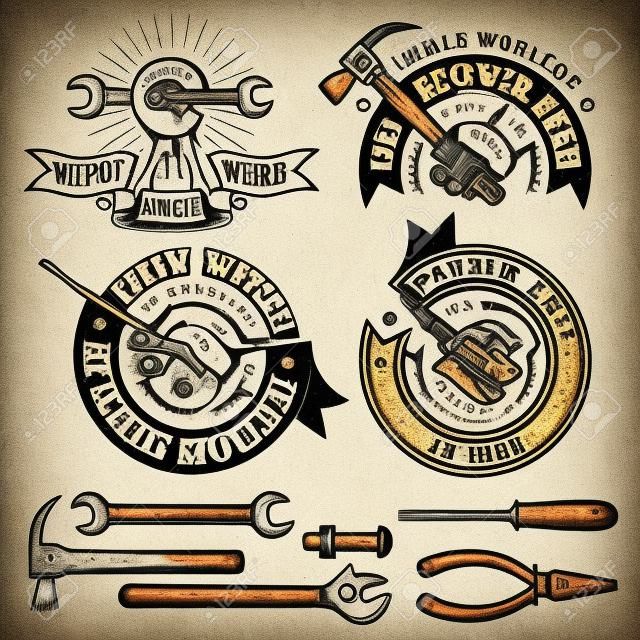 Repair workshop logo with hands and tools in vintage style. Hand tools. Text on a separate layer - easy to replace.