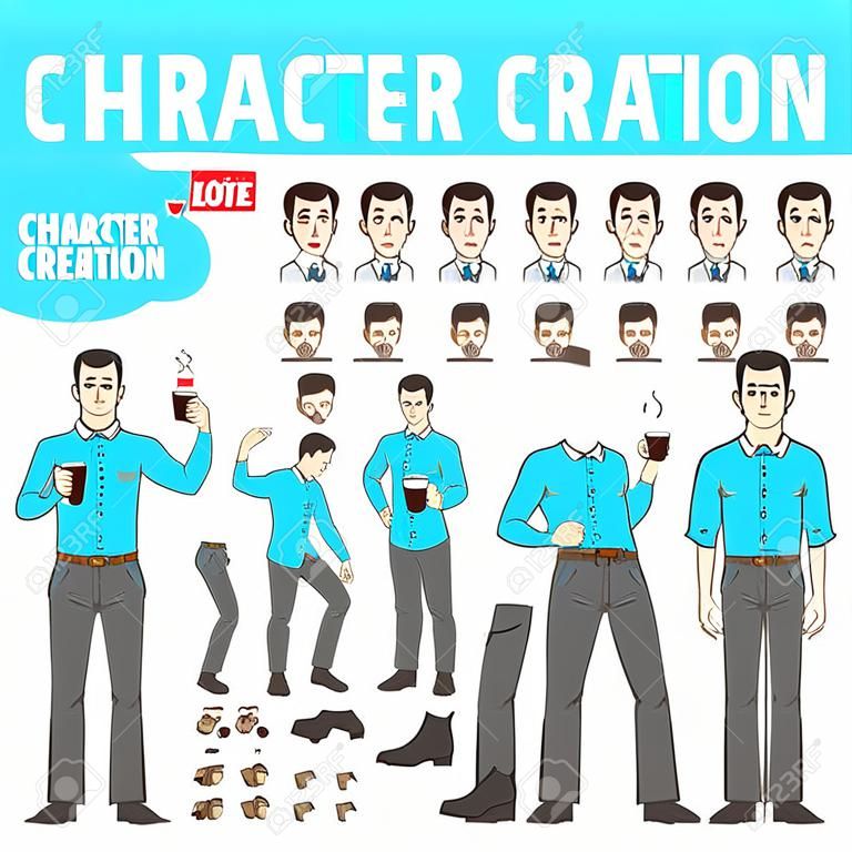 Character creation set. A man in a shirt and trousers in various poses - stands, goes, drinks coffee, and works both. Individual parts of the body and face in different positions.