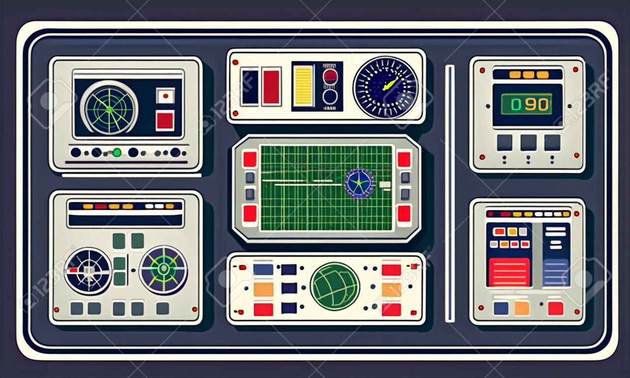 Control panel in spaceship with all kinds of controls. Vector illustration.