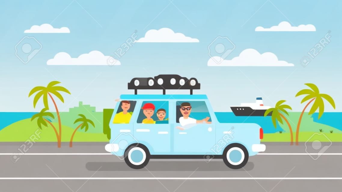 Happy family rides by car with a dog along coats road, past palm trees and ships. Vector illustration in flat style.