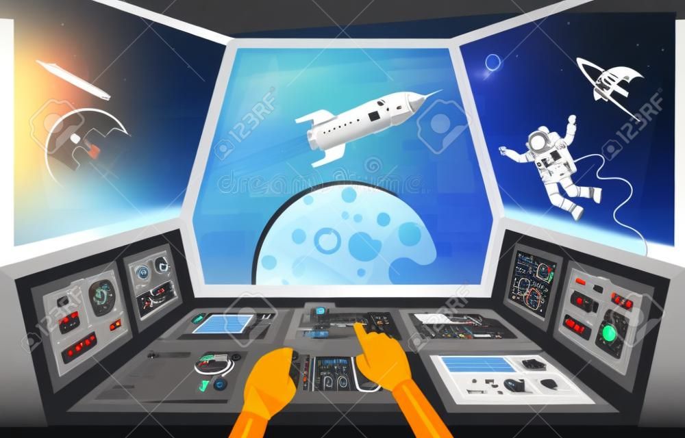 Control panels and view from the cockpit of the spaceship. Astronaut's hands on the dashboard of the spacecraft. Vector illustration.