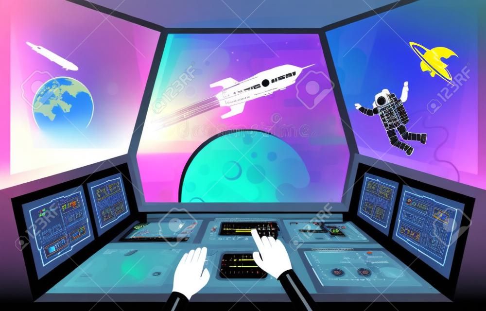 Control panels and view from the cockpit of the spaceship. Astronaut's hands on the dashboard of the spacecraft. Vector illustration.