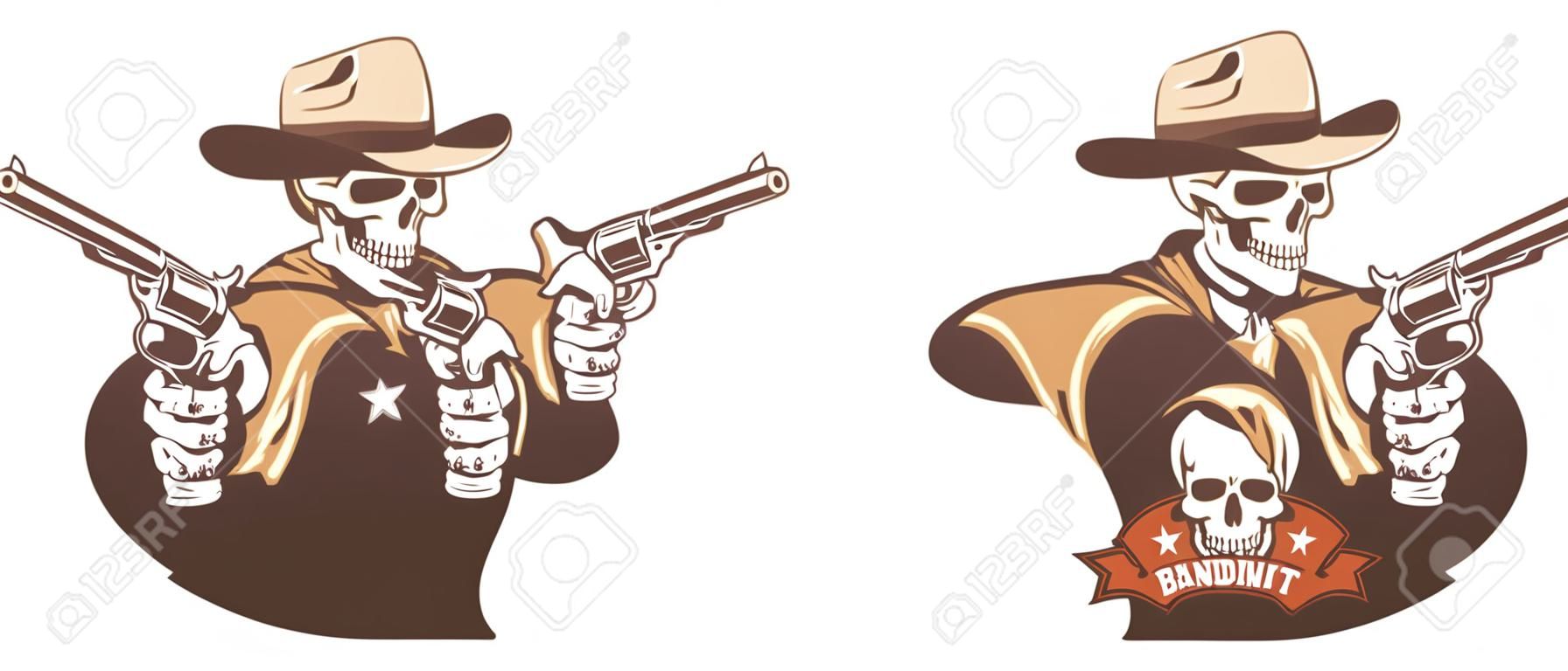 Bandit occidental de cowboy de crâne avec des fusils