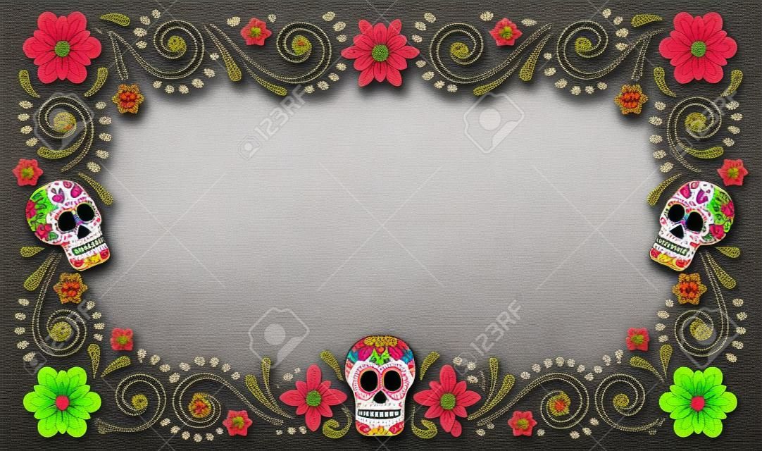 Diseño de marco de celebración de carnaval mexicano del día de muertos con calavera de azúcar