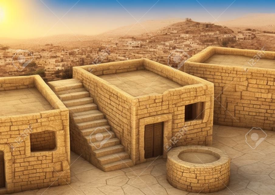 Domy i wioski typowe dla starożytnych biblijnych czasów Izraela, Jerozolimy, Nazaretu, Galilei i miast Azji Mniejszej. ilustracja 3D