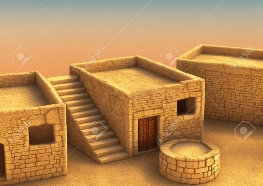 Domy i wioski typowe dla starożytnych biblijnych czasów Izraela, Jerozolimy, Nazaretu, Galilei i miast Azji Mniejszej. ilustracja 3D