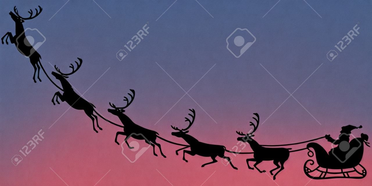 Silhouette of Santa Claus sitting in a sleigh, reindeer who pull