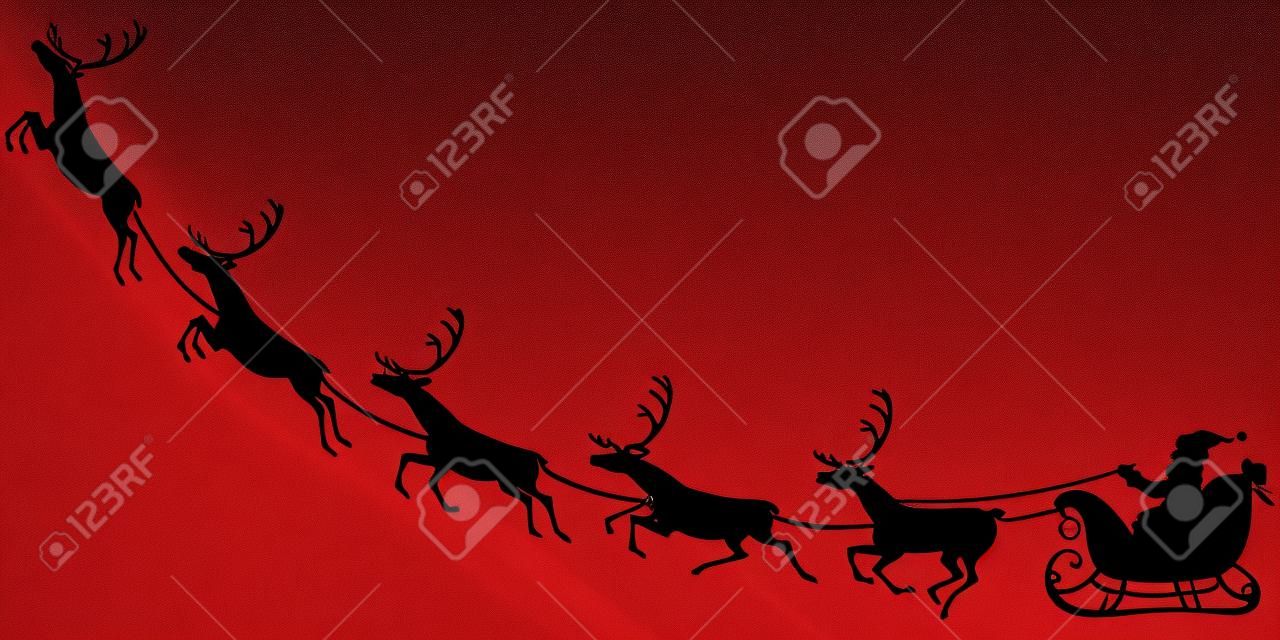 Silhouette of Santa Claus sitting in a sleigh, reindeer who pull