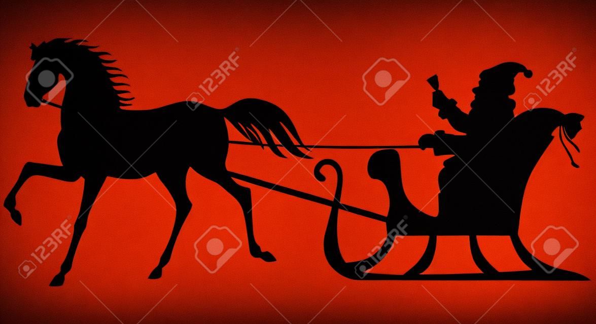 Silhouette Santa Claus siedzi w saniach, które ciągnąć konia
