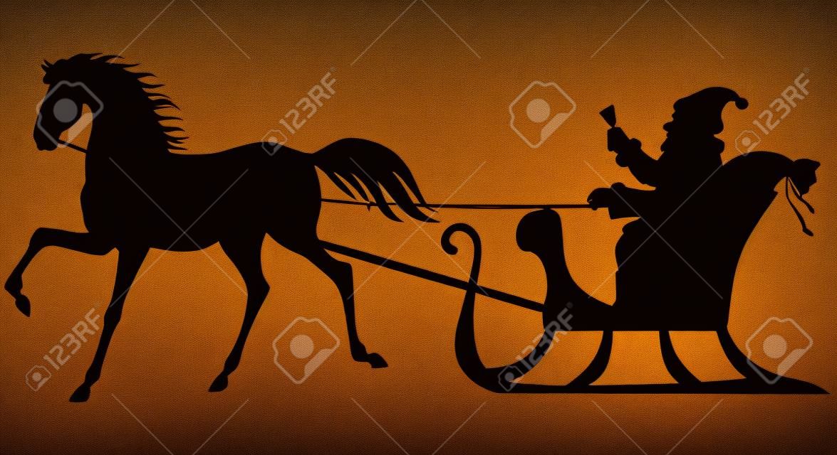 Silhouette von Santa Claus sitzt in einem Schlitten, Pferd, ziehen