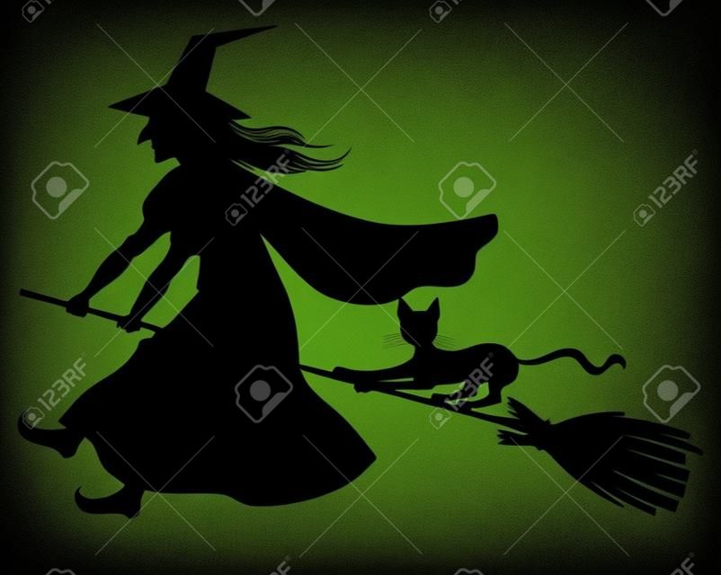 Векторные иллюстрации силуэт ведьмы и кошки, летающих на метле