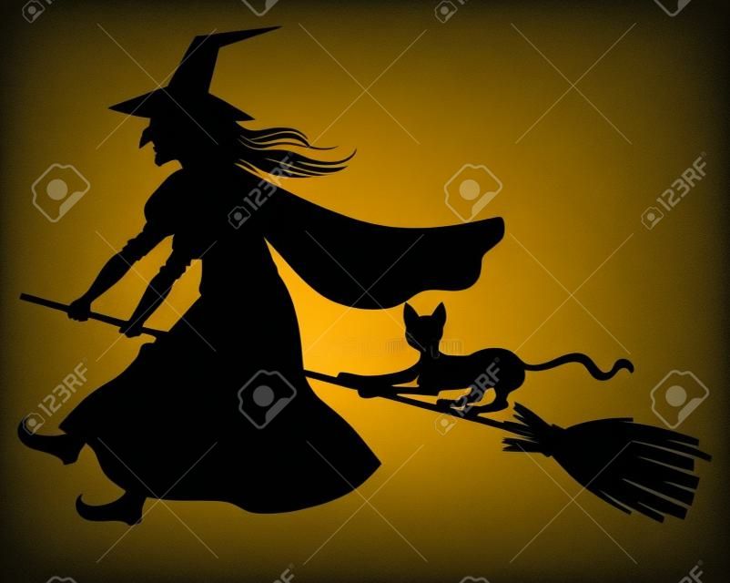 剪影女巫和貓在掃帚上飛行的矢量插圖