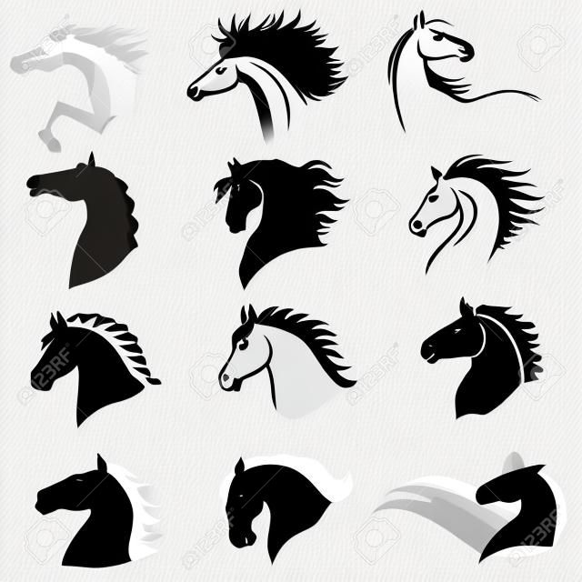 Vektor illusztrációk sziluett lovak fejét profil készlet elszigetelt fehér háttérrel. Lóikon.
