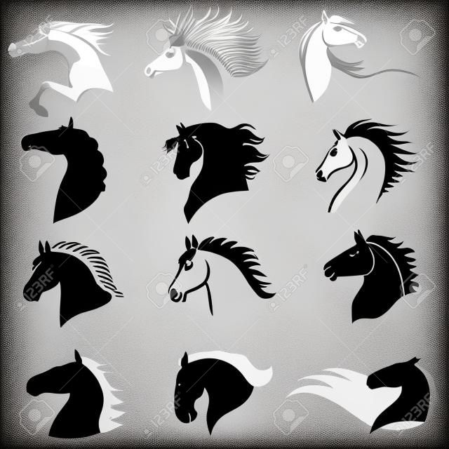 Vektor illusztrációk sziluett lovak fejét profil készlet elszigetelt fehér háttérrel. Lóikon.