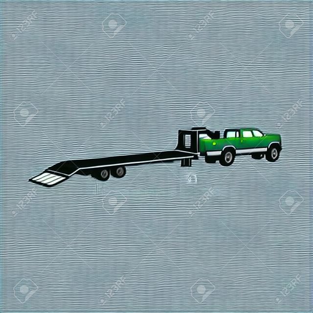 Przyczepa z podwójną kabiną lub ciężarówka typu pick-up z ikoną graficzną obrazu ciągnącego logo projektu abstrakcyjnego pojęcia wektorowego może być używany jako symbol związany z transportem lub motoryzacją