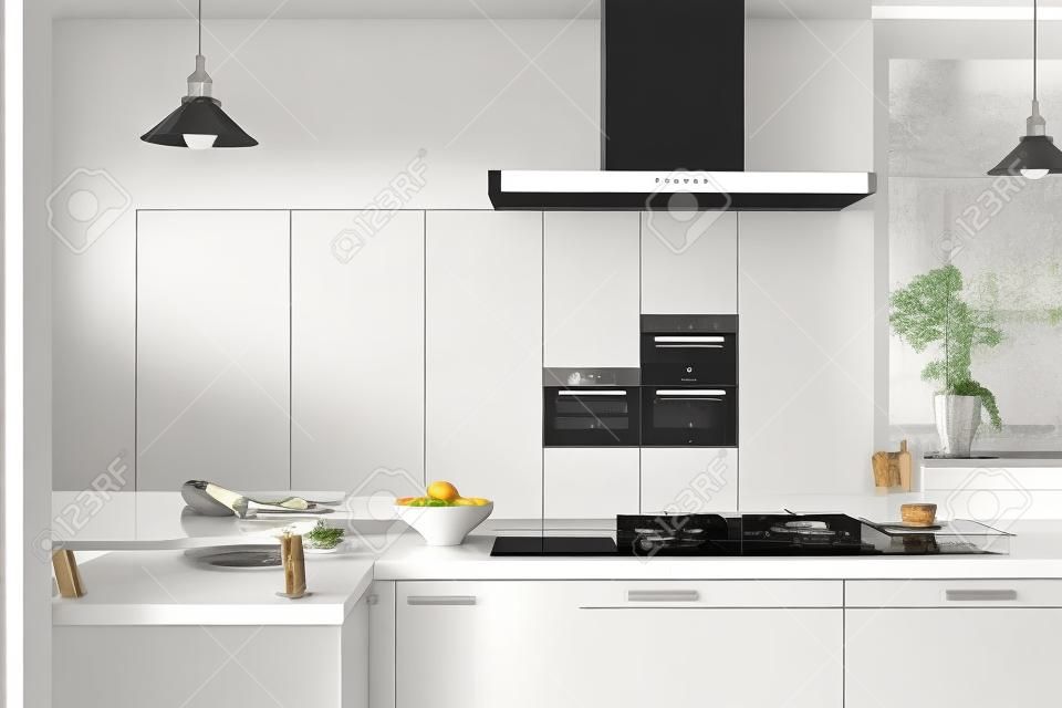 Cucina moderna in bianco con piano cottura
