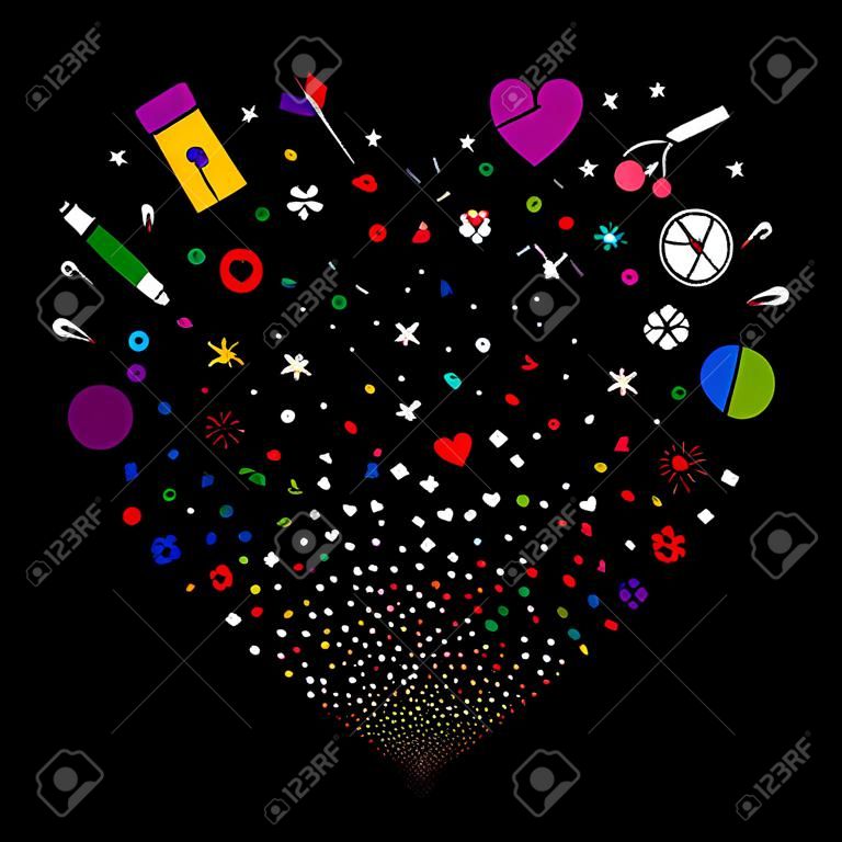 Feux d'artifice d'outils médicaux avec forme de coeur. Le style d'illustration vectorielle est les symboles emblématiques plat multicolores lumineux sur fond noir. Salut d'objet combiné de pictogrammes de confettis.