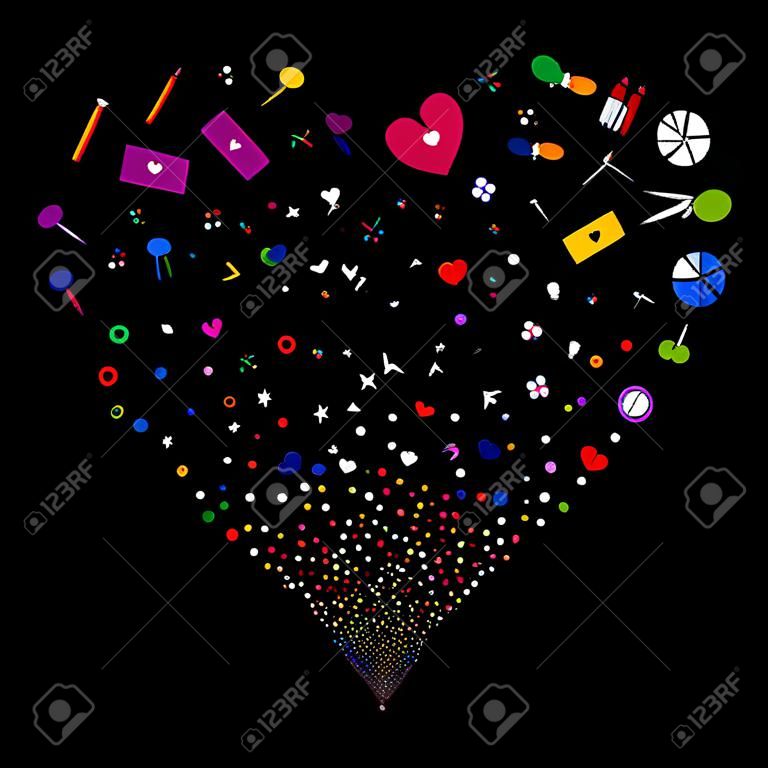 Feux d'artifice d'outils médicaux avec forme de coeur. Le style d'illustration vectorielle est les symboles emblématiques plat multicolores lumineux sur fond noir. Salut d'objet combiné de pictogrammes de confettis.