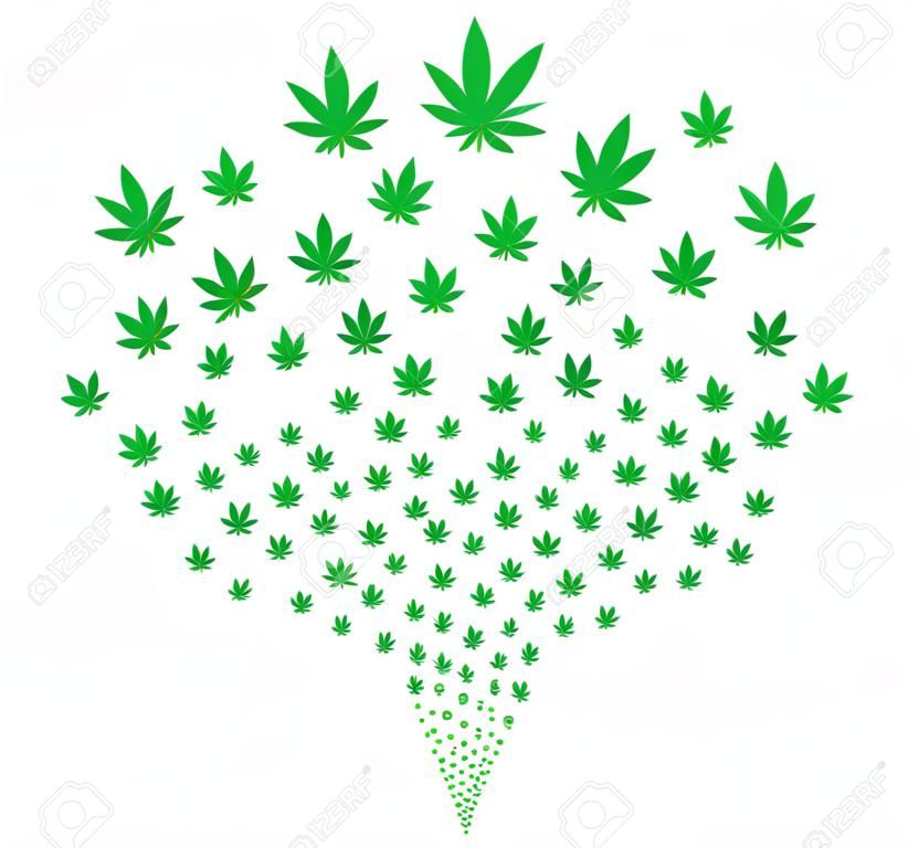 Fontaine d'éclatement de cannabis. Le style d'illustration vectorielle est des symboles emblématiques plats. Fontaine d'objets réalisée à partir d'icônes aléatoires comme feux d'artifice de cannabis.