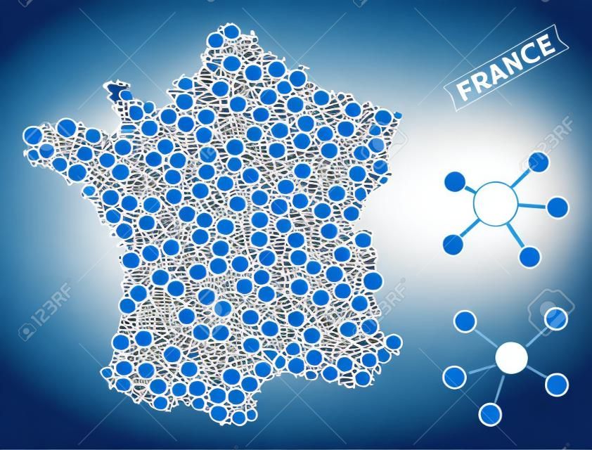 Composition de carte Web France. Schéma géographique abstrait des relations dans des teintes de couleur bleue. La carte vectorielle France est composée de connexions web. Concept de distributeur internet.