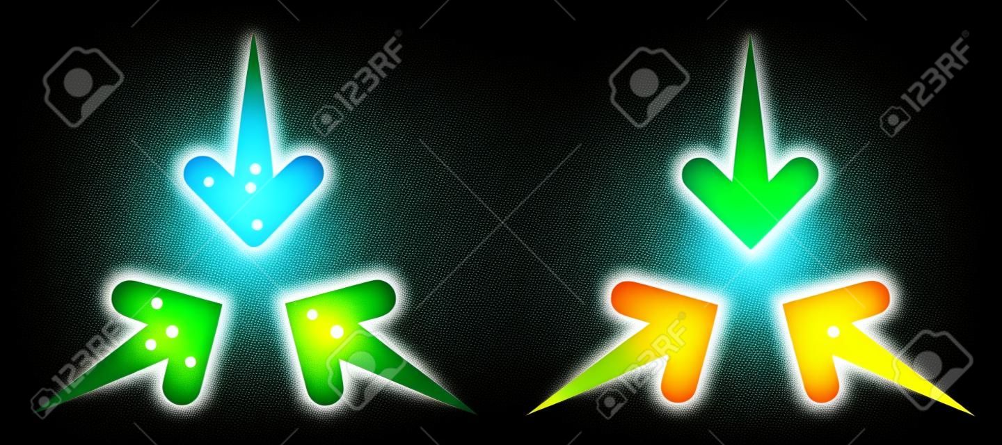 Bright mesh impact arrows icon with glare effect. Abstract illuminated model of impact arrows. Shiny wire frame polygonal mesh impact arrows icon. Vector abstraction on a black background.