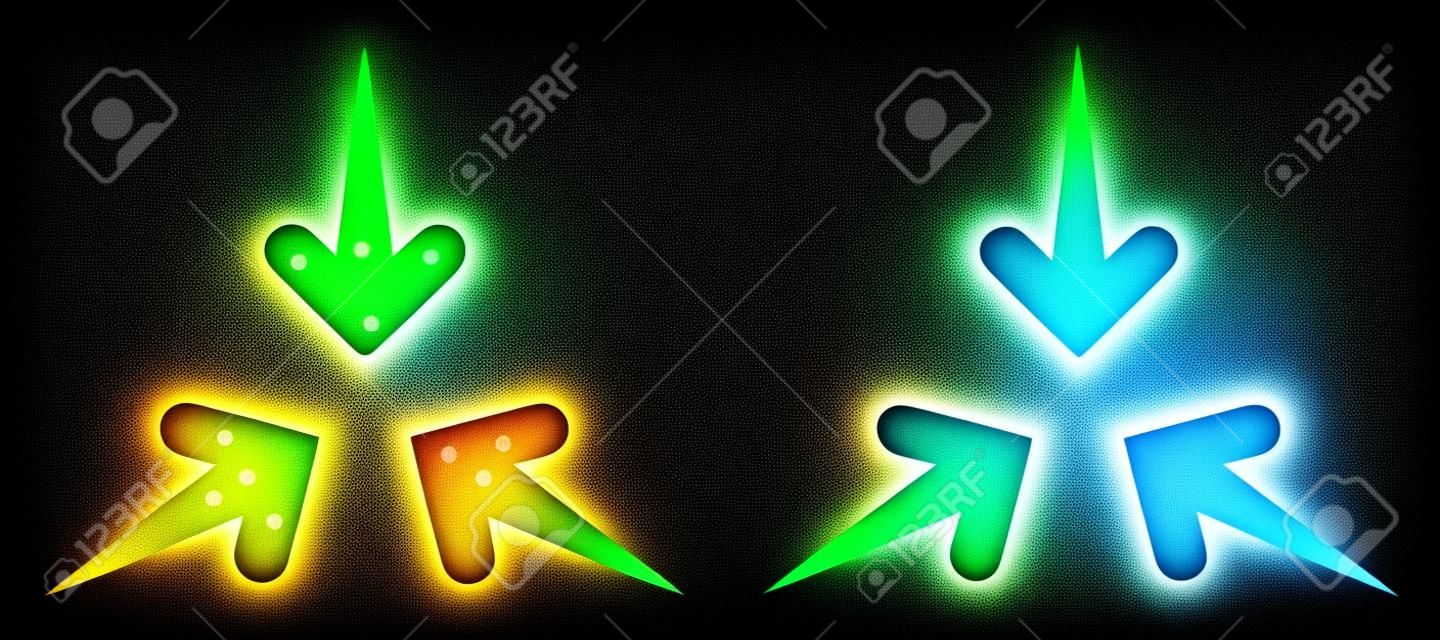 Bright mesh impact arrows icon with glare effect. Abstract illuminated model of impact arrows. Shiny wire frame polygonal mesh impact arrows icon. Vector abstraction on a black background.