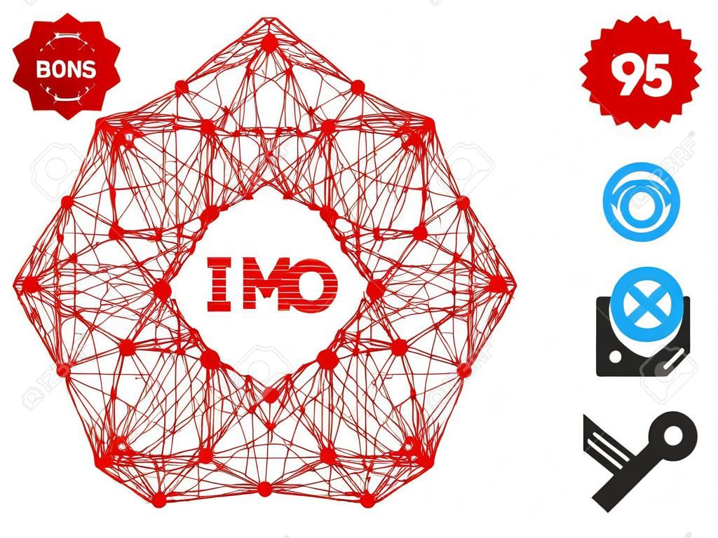 Vector wire frame IMO token. Geometric hatched frame flat network generated with IMO token icon, designed with crossing lines. Some bonus icons are added.