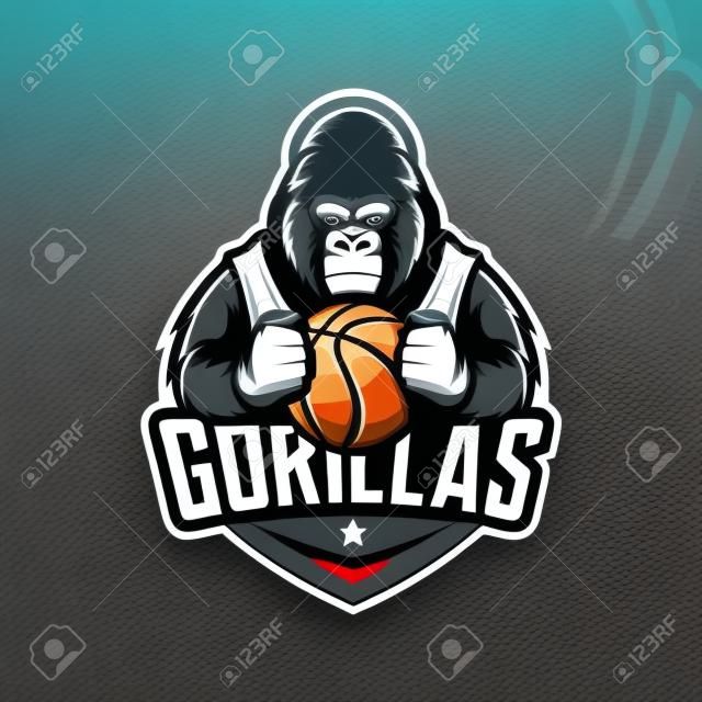 vector de diseño de logotipo de mascota gorila con estilo de concepto de ilustración moderna para impresión de insignias, emblemas y camisetas. Ilustración de gorila enojado sosteniendo una pelota de baloncesto.