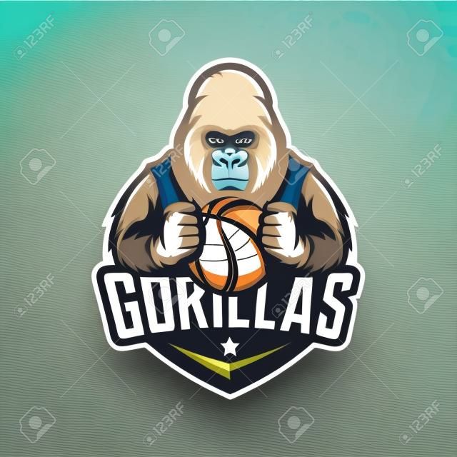 vector de diseño de logotipo de mascota gorila con estilo de concepto de ilustración moderna para impresión de insignias, emblemas y camisetas. Ilustración de gorila enojado sosteniendo una pelota de baloncesto.