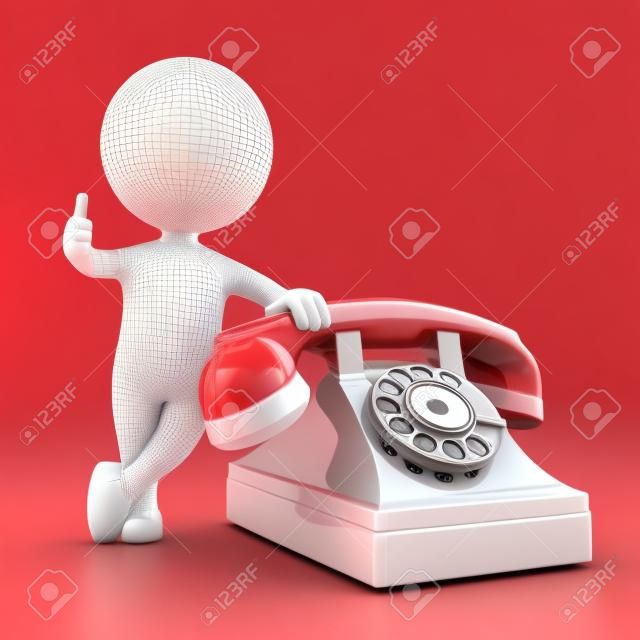 3D可愛的人 - 紅色電話站在與我們聯繫概念孤立的白色背景