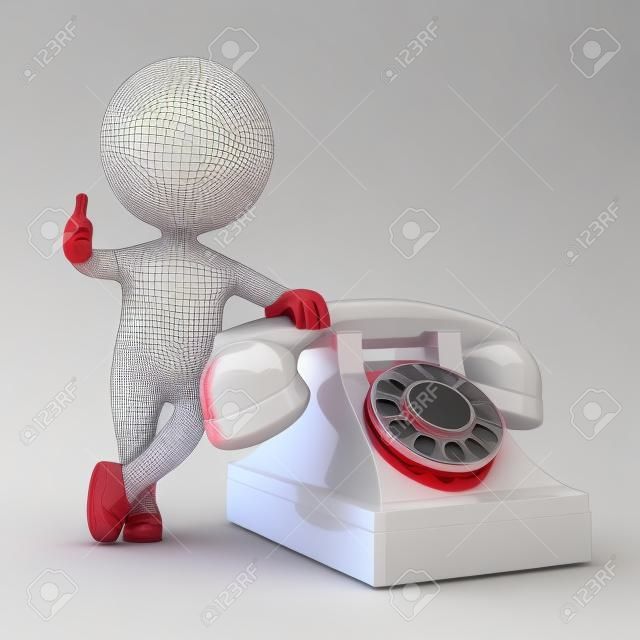 3D可愛的人 - 紅色電話站在與我們聯繫概念孤立的白色背景