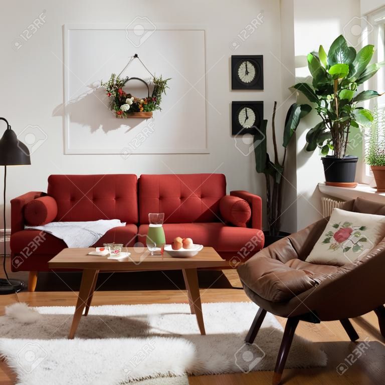 Set of colorful graphic room interiors with furniture icons: living rooms with sofa window armchair fireplace; bedroom with bed