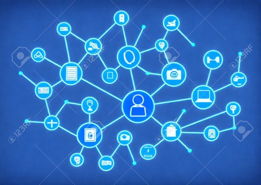 상황이 만약 IoT의 인터넷과 연결된 장치에 대한 네트워킹 개념. 흐린 파란색 배경 네트워크 연결의 거미줄
